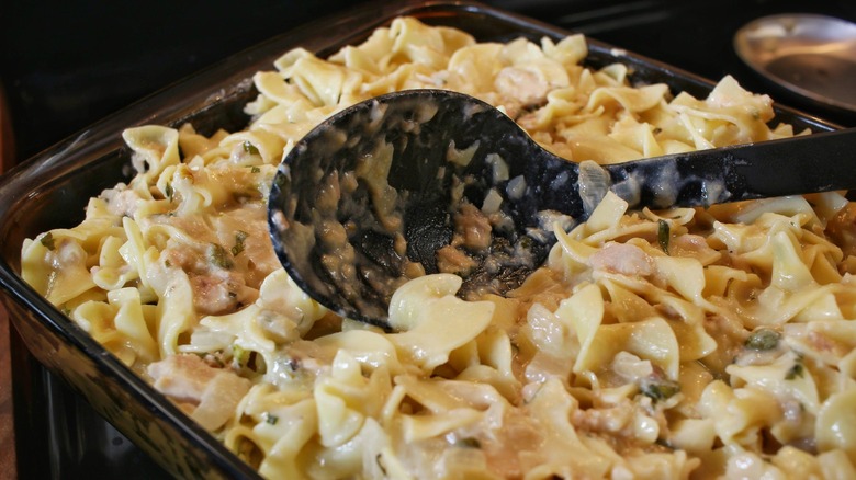 saucy pasta in casserole dish