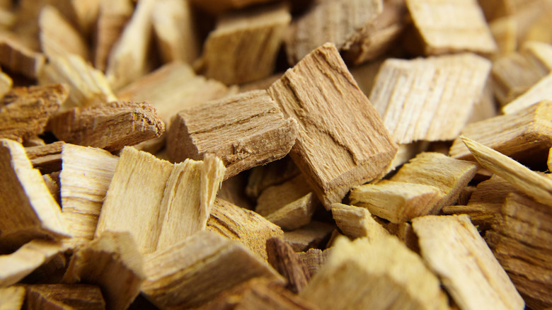 Chunks of apricot wood sit in a pile