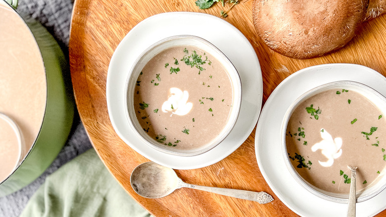 Bowls of porcini mushroom herb soup