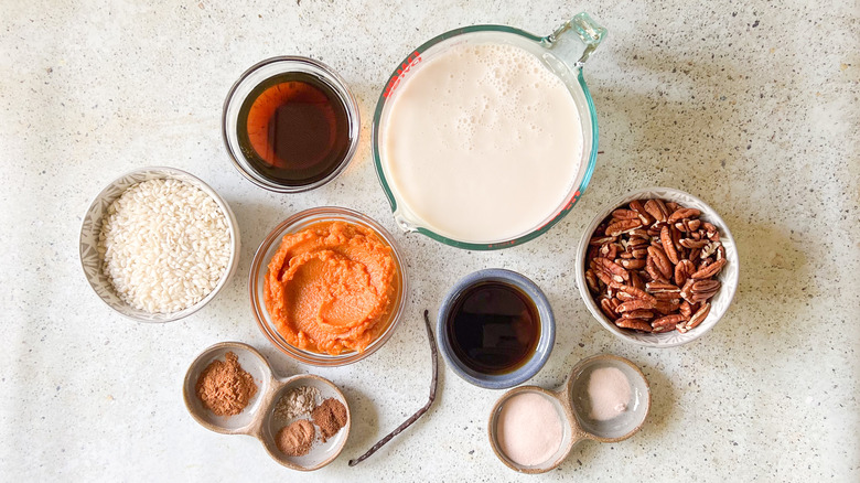 Ingredients for vegan pumpkin pecan rice pudding