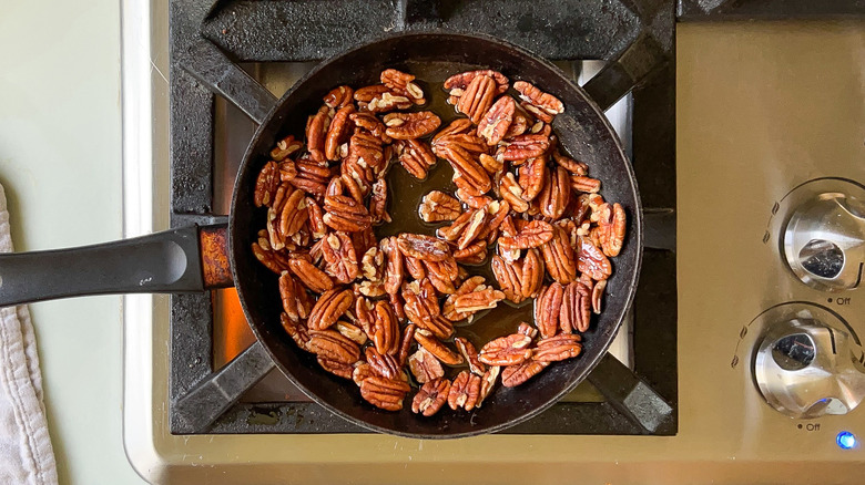 Glazing maple pecans in saute pan