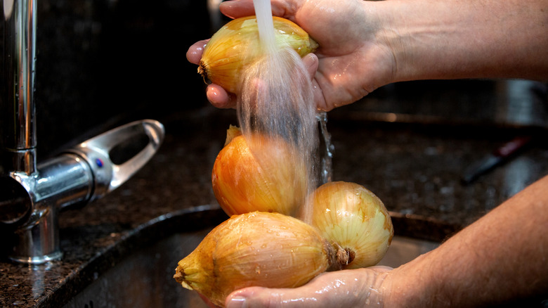 Person holds four yellow onions beneath running water from a kitchen faucet