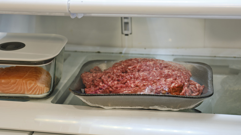 raw ground beef inside fridge