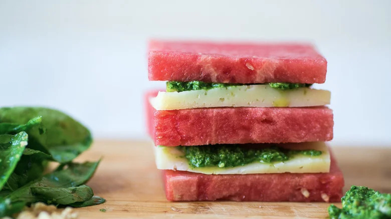 Watermelon And Manchego Stack With Arugula Pesto