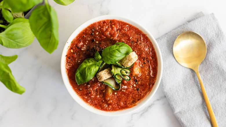 One bowl of soup with spoon and basil pot