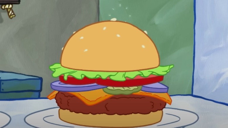 Spongebob Squarepants assembling a Krabby Patty