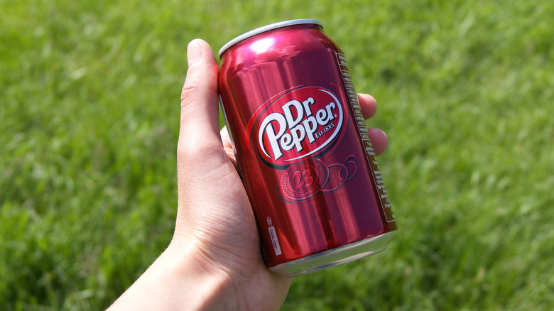 Holding holding can of Dr Pepper with grass background