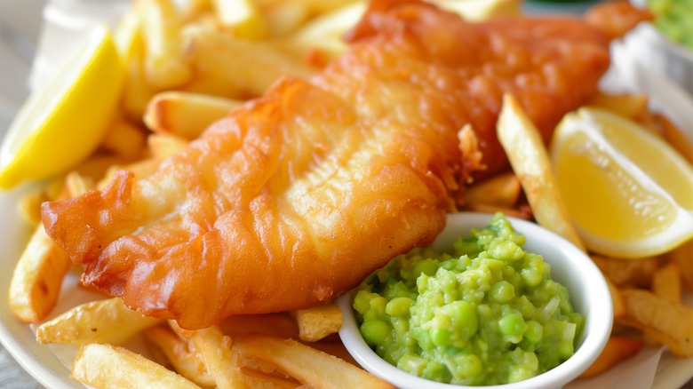 Fish and chips with peas