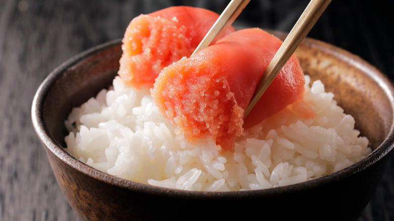 A bowl of rice with mentaiko