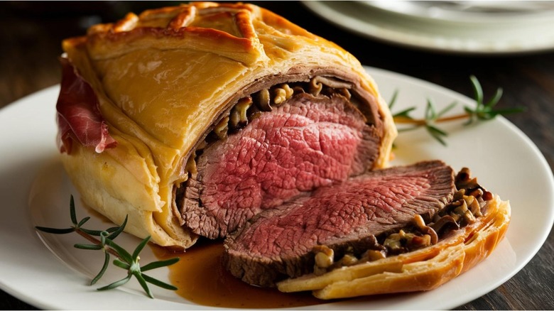 Beef Wellington sliced with rosemary and prosciutto