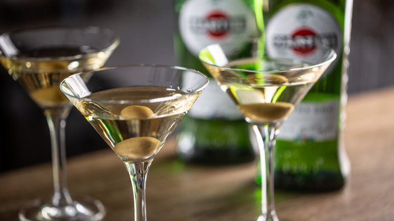 dry martinis, bottles of vermouth
