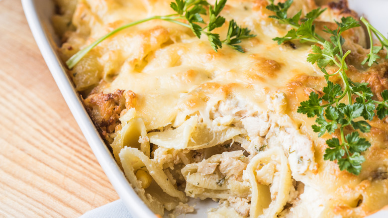 Close up of a chicken tetrazzini casserole