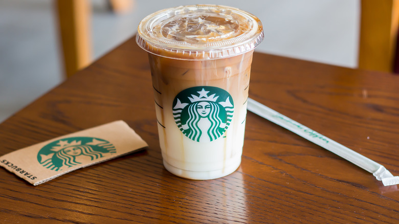 iced coffee drink in starbucks clear cup
