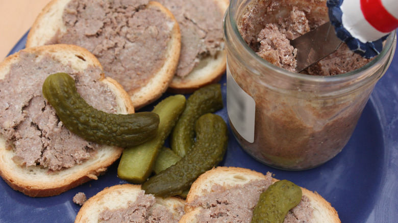 Pate on bread with cornichons