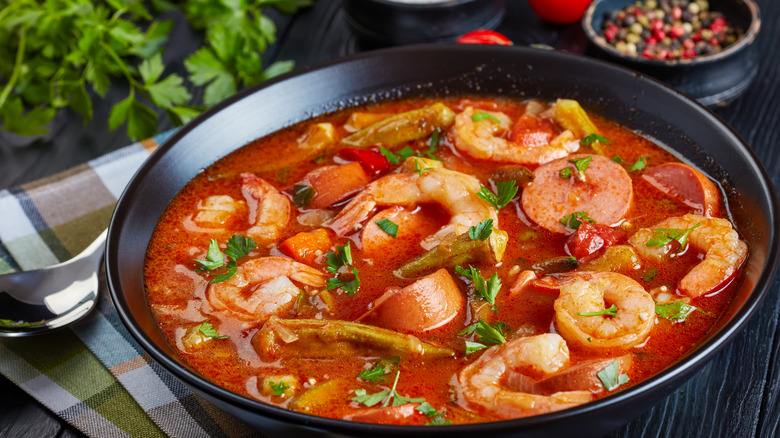 Cajun style Gumbo in cast iron pot