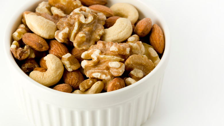 mixed nuts in white ramekin