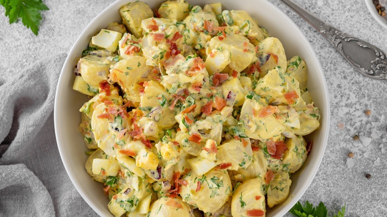 potato salad topped with bacon crumbles