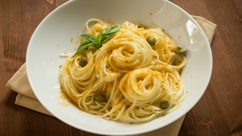 Pasta with capers and grated bottarga