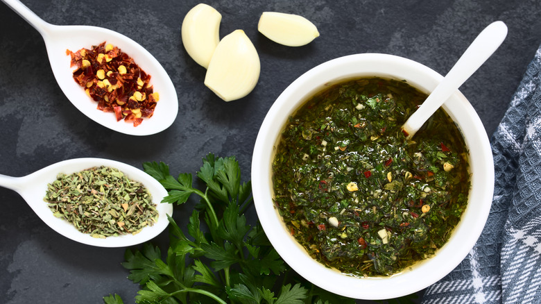 Chimichurri sauce and ingredients