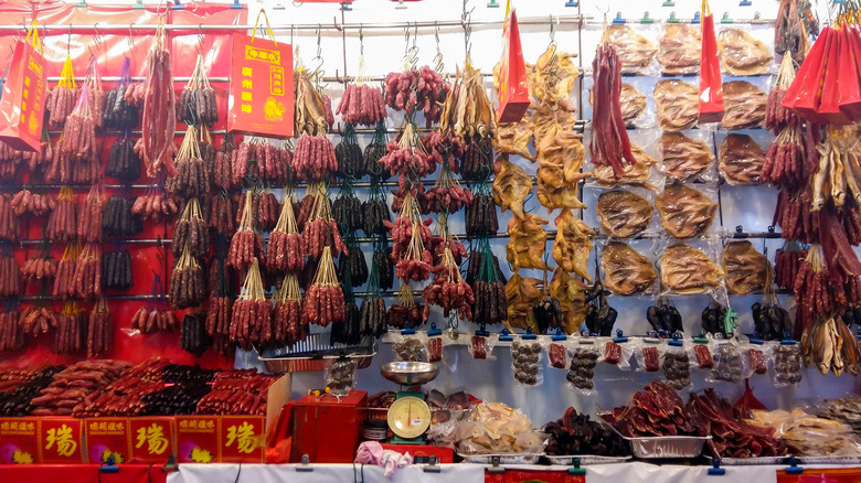 Lap cheong and other cured meats on display