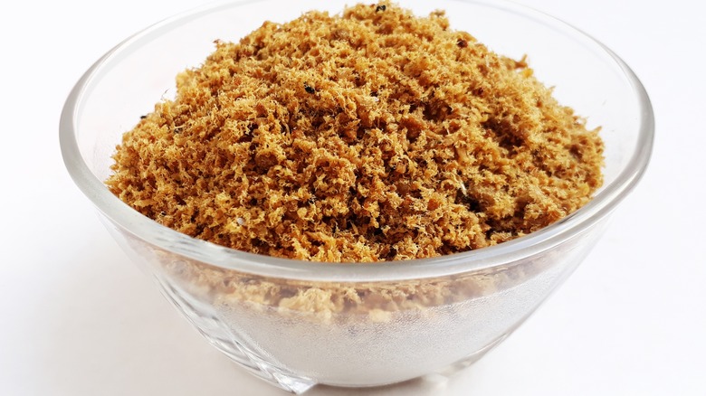 a glass bowl containing pork floss