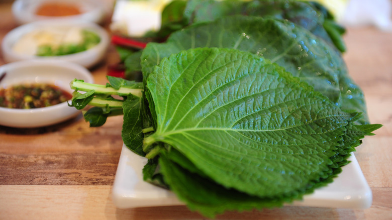 A stack of shiso leaves on plate