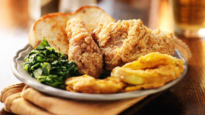 Soul food fried chicken greens