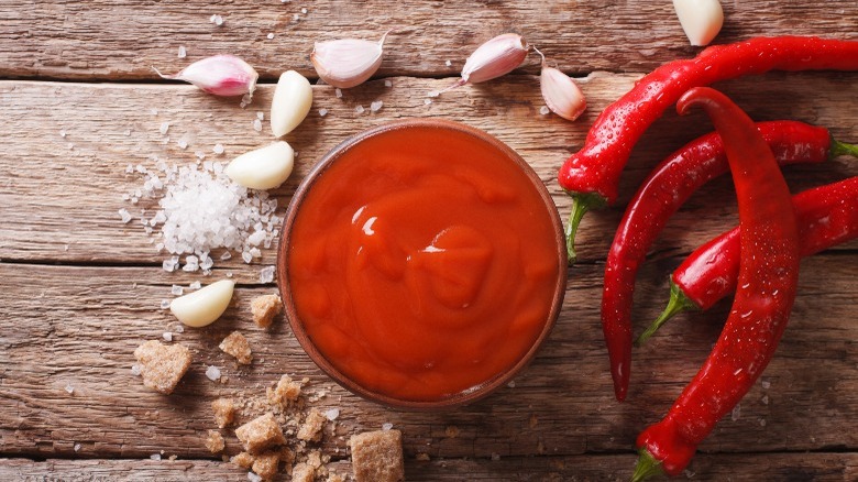 Sriracha sauce with ingredients