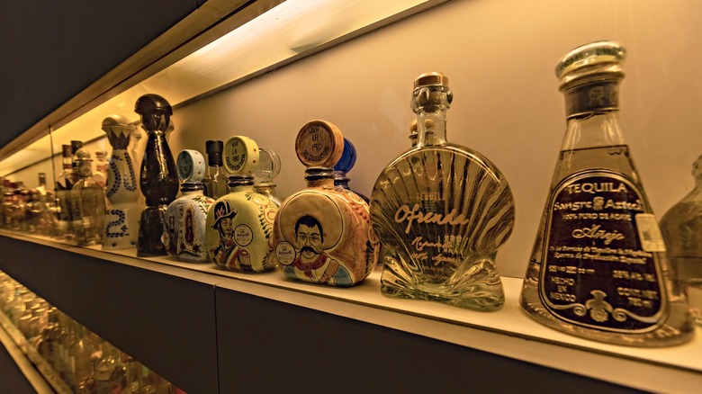 Row of different types of tequilas and mezcals
