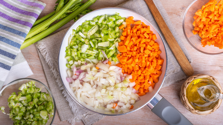 Mirepoix in pan, ready to cook