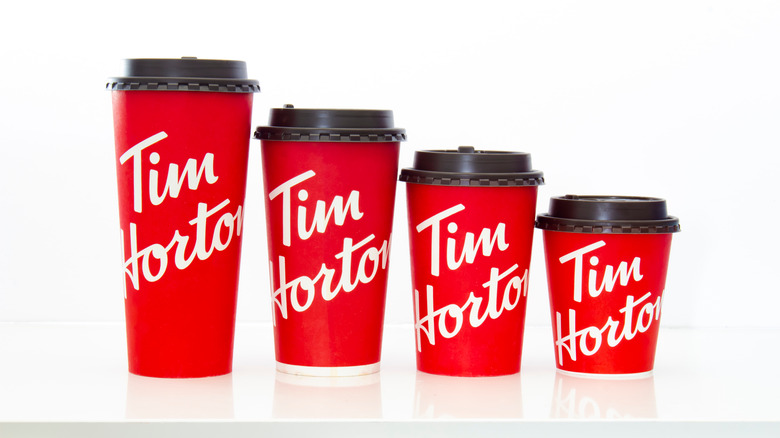 Tim Hortons cups sitting on white background