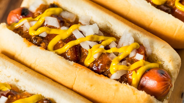 Detroit Coney Island chili dog with mustard onions