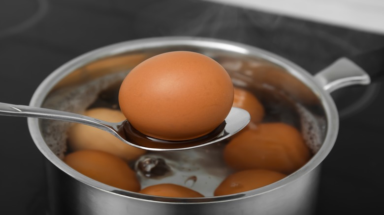 Hard boiled egg in pot