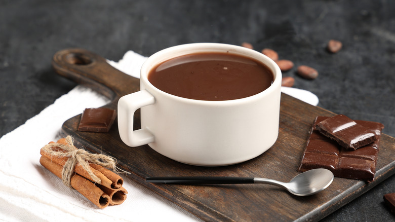 Italian hot chocolate in white cappuccino mug on a serving platter with chunks of dark chocolate and cinnamon