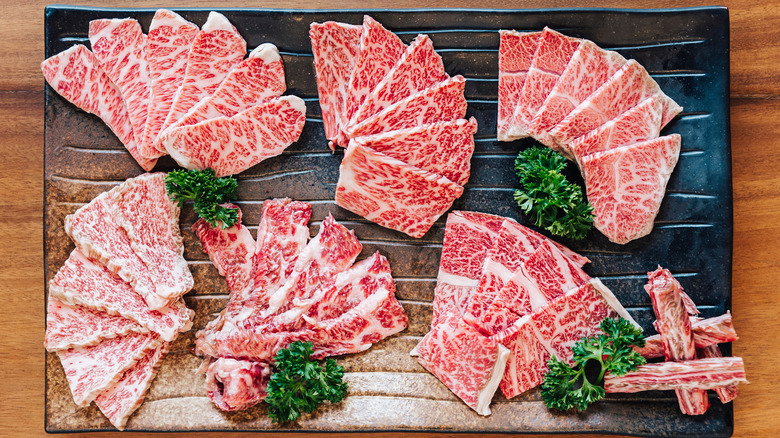 Slices of highly marbled Kobe steak 