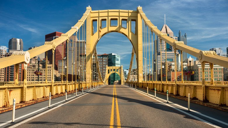 Roberto Clemente bridge going into downtown Pittsburgh