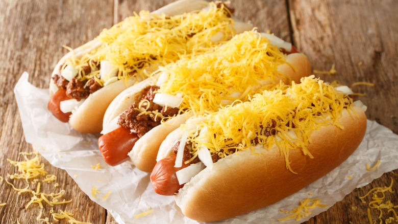 Chili dogs with onions and cheese
