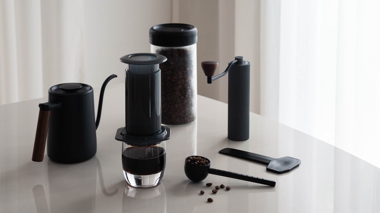 Aeropress coffee maker and various accessories