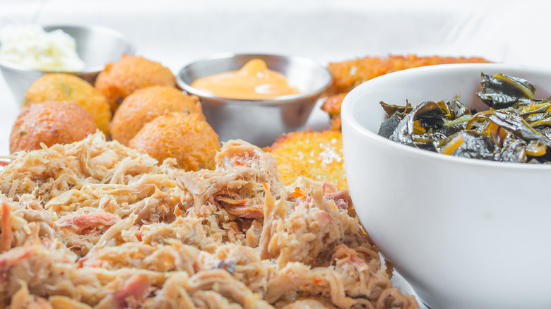 North Carolina barbecue with collard greens and hush puppies