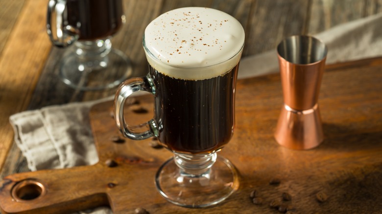 irish coffee in glass mug