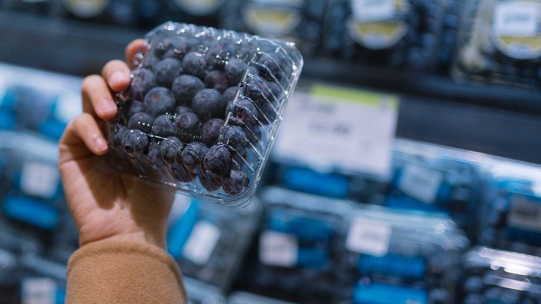 hand holding blueberry carton