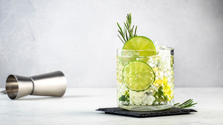 gin and tonic garnished with lime and rosemary