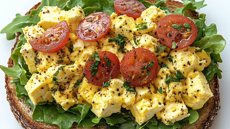 Vegan egg salad is piled on a slice of bread and topped with sliced tomatoes and herbs.