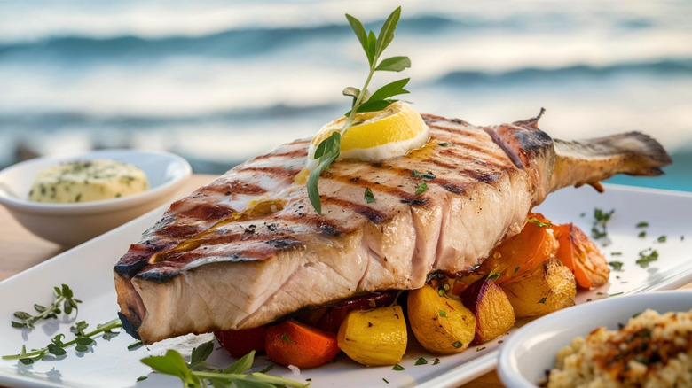 Swordfish on a plate with roasted vegetables