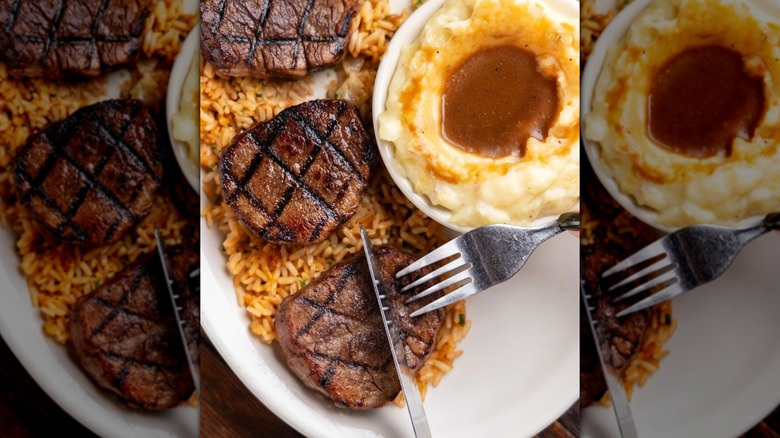 Steak filets on rice