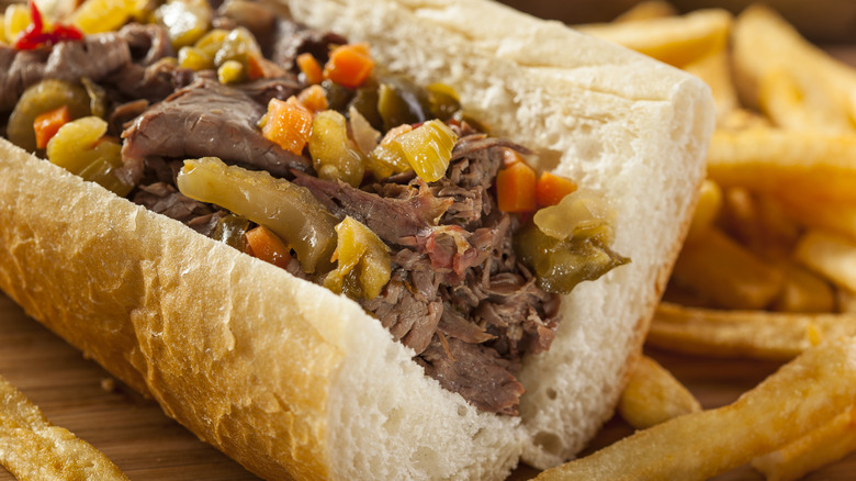 Close-up of Italian beef sandwich with giardiniera