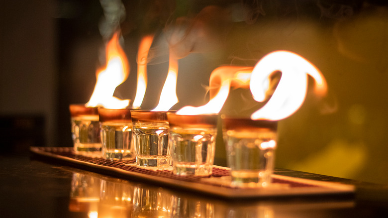 flaming shots of vodka with fire