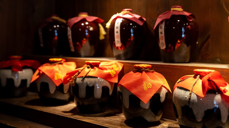 Ancient Chinese wine jars lined up in two rows