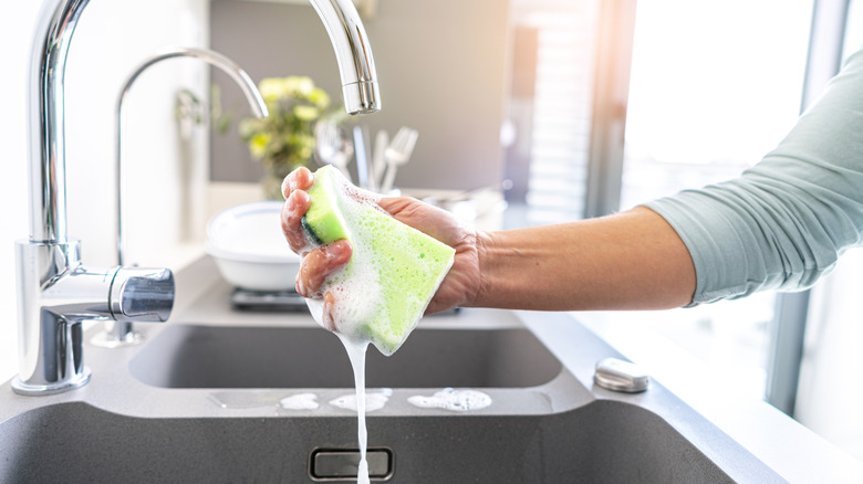 A woman's hand holds a soft soapy sponge under running water in her kitchen