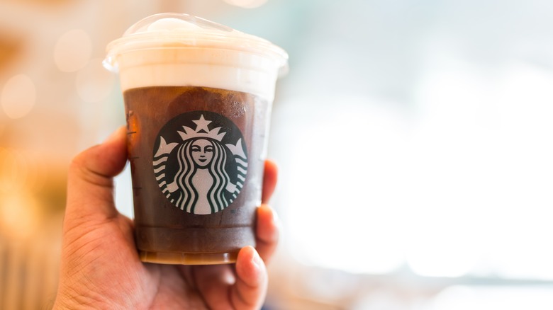 Hand holding a Starbucks beverage in plastic cup